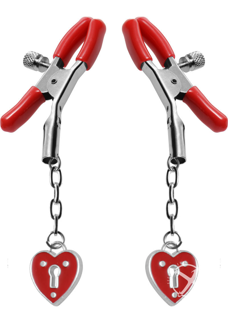 MASTER SERIES CHARMED HEART PADLOCK NIPPLE CLAMPS- RED - Condom-USA
- 1