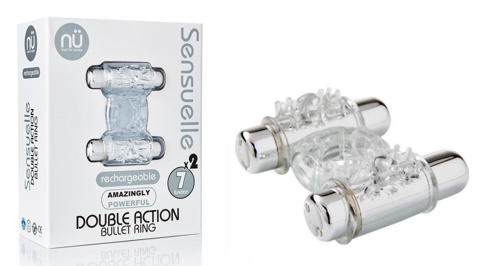 Nu Sensuelle Double Action Bullet Ring 7 Function Rechargeable Vibrating Cockring, Clear - Condom-USA
- 1