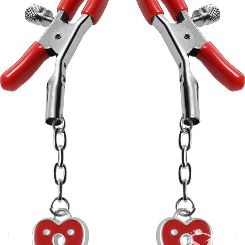MASTER SERIES CHARMED HEART PADLOCK NIPPLE CLAMPS- RED - Condom-USA
 - 1