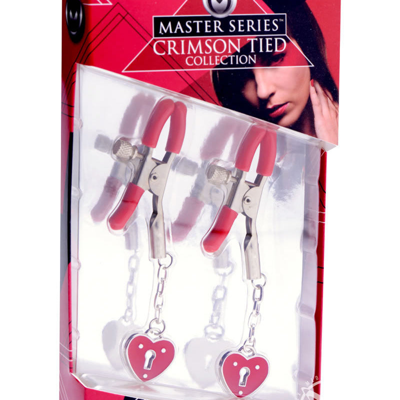 MASTER SERIES CHARMED HEART PADLOCK NIPPLE CLAMPS- RED - Condom-USA
 - 2